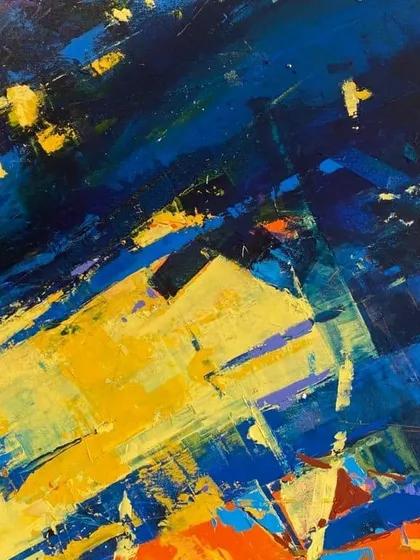 A close-up of the 'Confluence' abstract, showing the energetic, almost frantic, palette knife strokes that define this series.