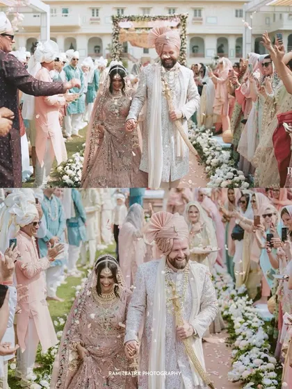 A collage showing the couple's joyful exit as guests shower them with petals after their Anand Karaj.