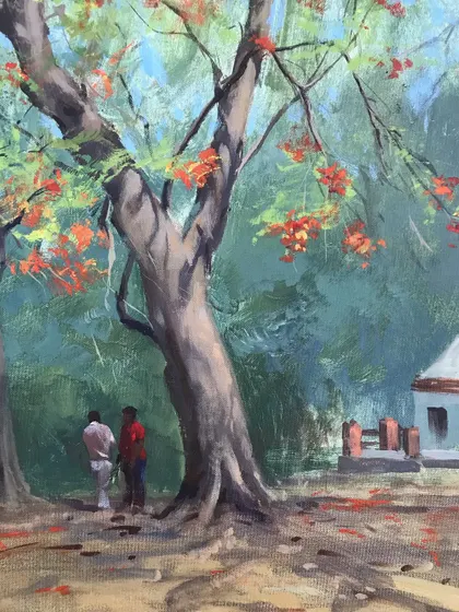 A close up of the Gulmohar painting, showing the texture of the tree and the vibrant red flowers.