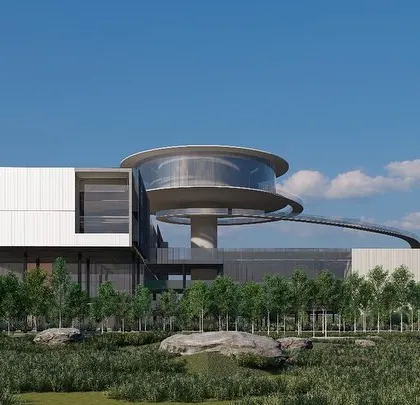 A render of the completed ePositive campus, showing the "Beacon" and its connecting walkway. The design preserves the natural, rocky landscape, with the buildings appearing to float above the terrain, a testament to our commitment to site harmony.