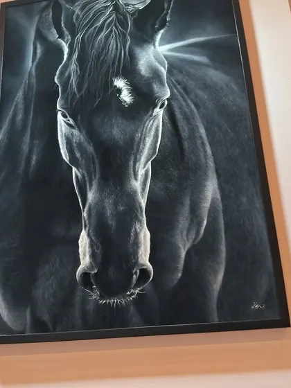 A powerful, hyper-realistic painting of a horse by artist Zeinab Sarkhosh, a featured piece at our World Art Dubai exhibit. This artwork drew significant attention for its incredible detail and emotional depth.
