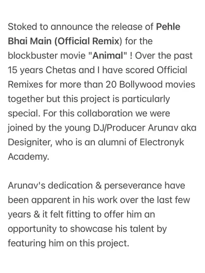 This is what I mean by real opportunities. I was incredibly proud to bring Electronyk Academy alumnus Arunav, also known as Designiter, onto this official remix of 'Pehle Bhi Main' for the blockbuster movie 'Animal'. His work was released on T-Series, a testament to the career possibilities our mentorship can unlock.