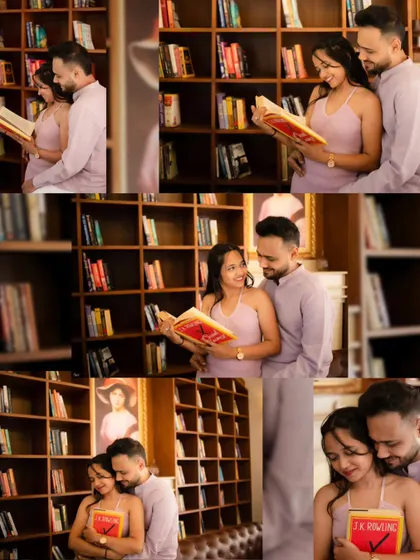 A collage of Nirav and Alpi enjoying their time in a library. These shots capture their shared love for books and each other, telling a story that is both intellectual and deeply romantic.