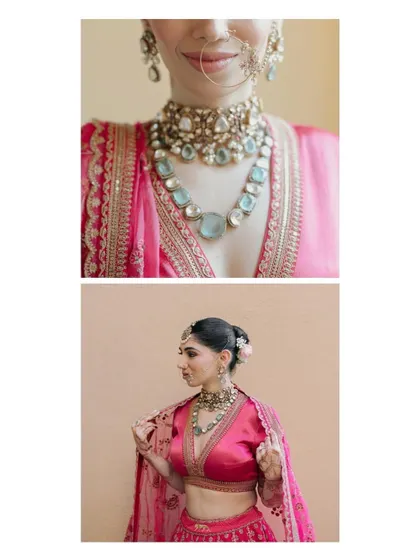 A diptych focusing on the bride's beautiful jewelry, with a close-up of her layered necklace and a portrait showing how she wore it.