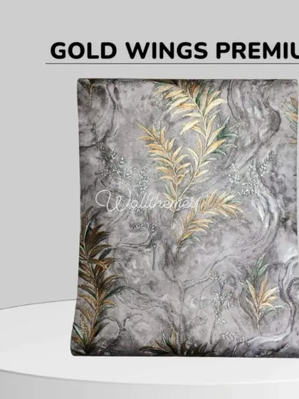 A catalog image of the 'Gold Wings Premium' wallpaper, featuring gold leaves on a grey textured background.