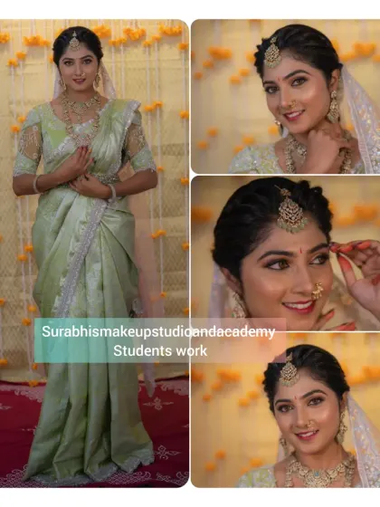 A collage showcasing a student's work on a beautiful bride in a light green saree. It displays the full look as well as close-ups of the detailed eye makeup and hair.