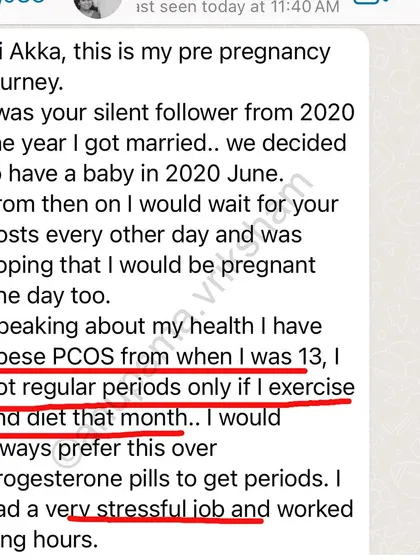 This student's pre-pregnancy journey started with being a silent follower in 2020. She had obese PCOS from age 13 and a stressful job.