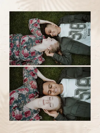 A peaceful moment of togetherness, with the couple lying on the grass, lost in their own world.