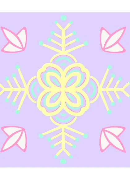 A snowflake-like design from my 'Mystique Minis' collection. The symmetrical patterns and soft pastel colors are intended to help quiet the mind, offering a simple, beautiful focal point for relaxation.