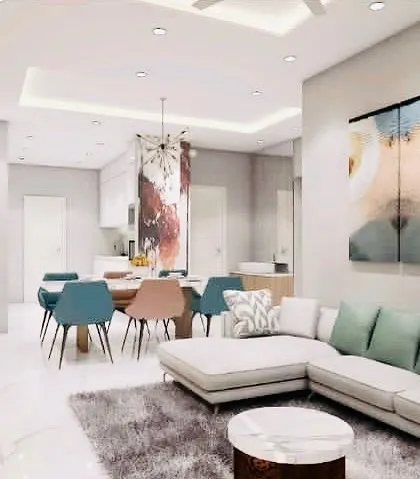 A modern living room concept with a white sectional sofa and a slatted wood accent wall. The design is clean, spacious, and filled with natural light.