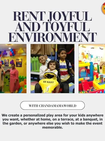Rent a joyful and toyful environment with me. This collage shows happy families and kids enjoying my personalized play areas, which I can set up anywhere you want.
