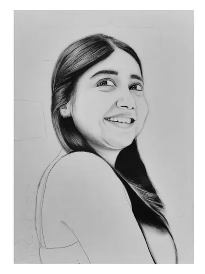 The step-by-step process of drawing Prajakta Koli. These images show how I build up the portrait from a simple outline to a fully rendered, smiling face.