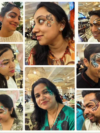 It's not just for kids! I love it when adults join in on the face painting fun. Here's a collage of joyful grown-ups showing off their glittery and bold face art from a recent event.