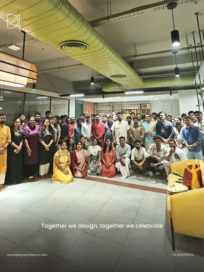 Together we design, together we celebrate. A group photo of our entire team, including designers, engineers, and site crew, during our office Ganesh Chaturthi celebrations.
