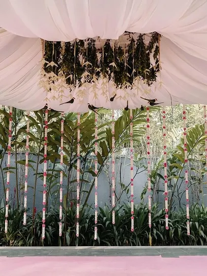 A view of the mandap setup, showing the wall of greenery and hanging floral strings. This creates a beautiful, natural backdrop for the ceremony.