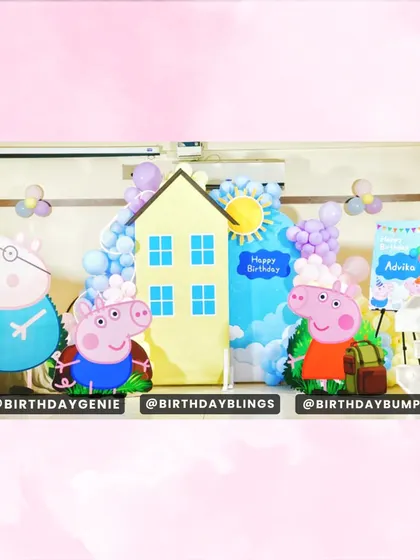 The full Peppa Pig family is here for the celebration. This setup includes cutouts of Peppa, George, and Grandpa Pig, along with a personalized welcome sign and a light-up number '3'.