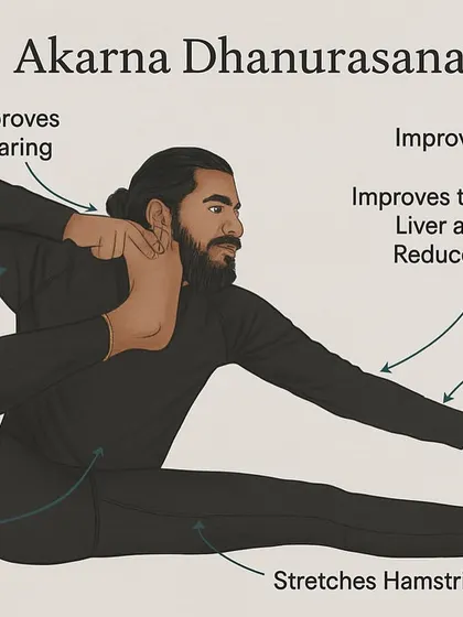 An infographic explaining the benefits of Akarna Dhanurasana.