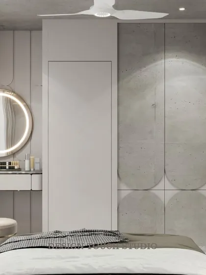 This render focuses on the chic vanity corner, with its backlit circular mirror and minimalist design.