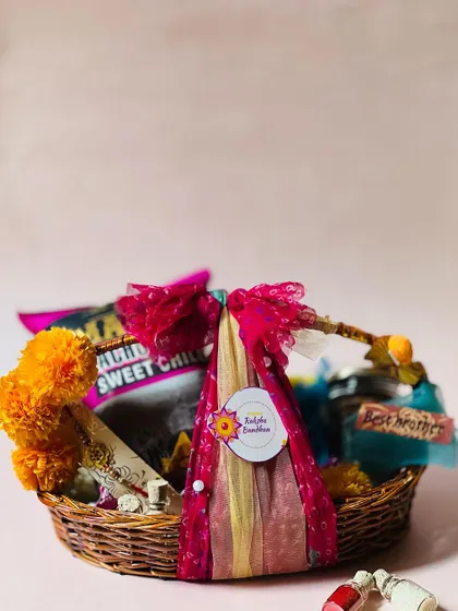 This traditionally decorated Rakhi basket is a beautiful way to present your gifts to your brother.