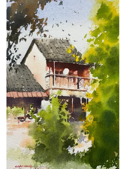 A vertical watercolor composition of a house seen through a gap in the trees, playing with framing and perspective.