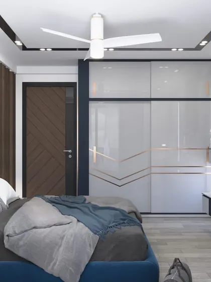 Another angle of the son's room render, showing the wardrobe with white and blue panels and geometric gold inlays. The design is modern, stylish, and functional.