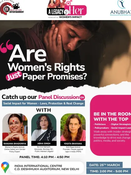 This poster is for a panel discussion I participated in at the India International Centre, titled "Are Women's Rights Just Paper Promises?". My work is dedicated to turning these paper promises into real, tangible change for women on the ground.