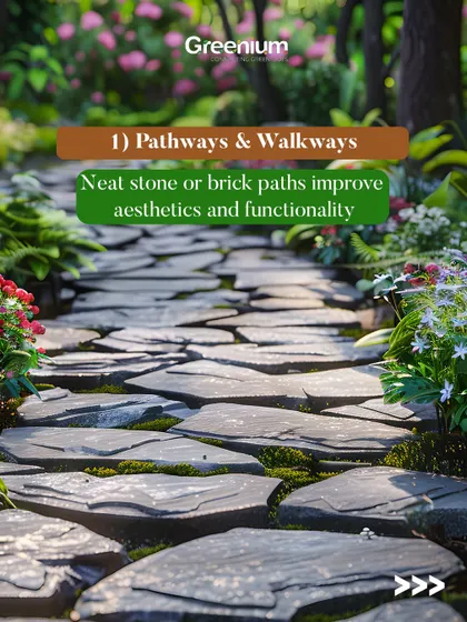 Pathways and walkways are essential for both aesthetics and functionality. This image shows a neat stone path that improves the look of the garden and provides a clear route.