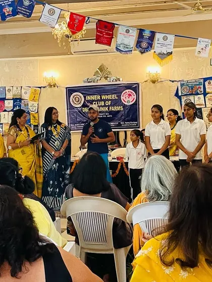 I am speaking to the members of the Inner Wheel Club of Delhi Sainik Farms. Here, I am explaining the philosophy behind self-defense and introducing my students.