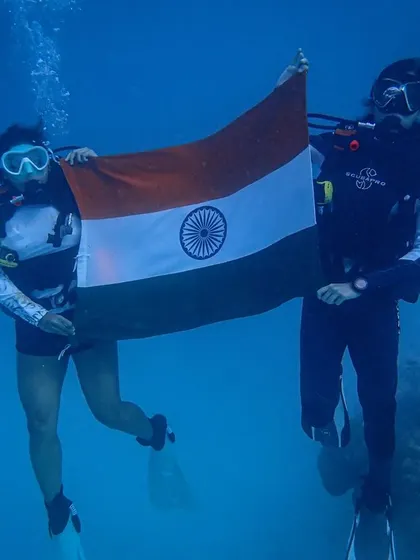 A clear shot of our divers holding the Indian flag during our underwater celebration for the 75th Independence Day.