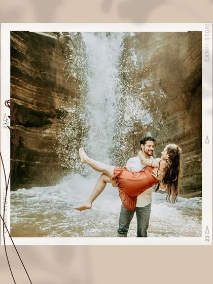 A playful and romantic moment captured at a waterfall in Kasauli. This kind of adventurous pre-wedding photography makes for unforgettable memories and dynamic photos.