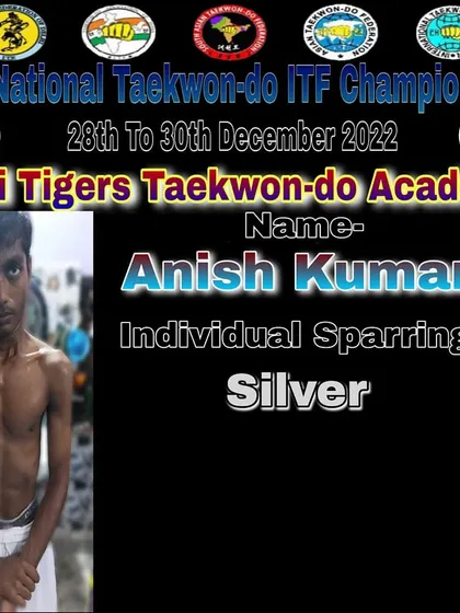 Anish Kumar, one of my dedicated students, earned a Silver medal for his performance in individual sparring at the 38th National Taekwon-do ITF Championship.