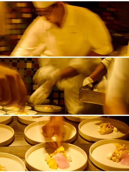 Another motion-blur collage capturing the high-energy environment of a busy service, where every menu is bespoke and ever-evolving.
