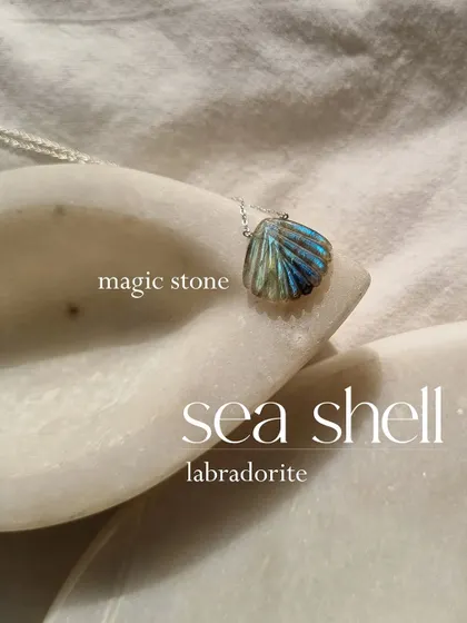 Another view of the Labradorite seashell pendant.