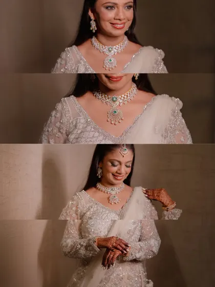 A collage focusing on the bride's stunning white reception lehenga and diamond jewelry.