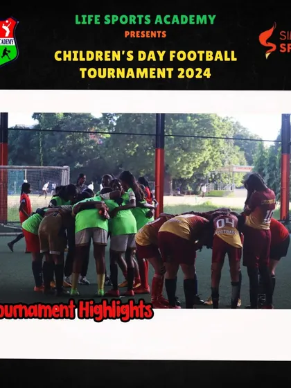 A team huddles up during the Children's Day Football Tournament. These moments of unity and strategy are where teamwork and leadership skills are forged.