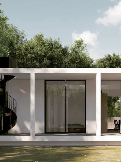 A small, quiet farmhouse designed with humble materials and simple spaces. A spiral staircase provides access to the roof terrace, creating a truly reclusive space for a calm weekend retreat.