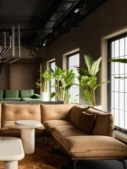 The comfortable, deep-seated tan sofa is positioned to take advantage of the light from the large windows, with lush plants adding a touch of nature.