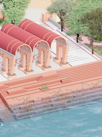 A render of the waterfront experience at Ganesh Talav, featuring vaulted brick structures that provide shaded seating and frame views of the lake, creating a serene space for daily visitors.