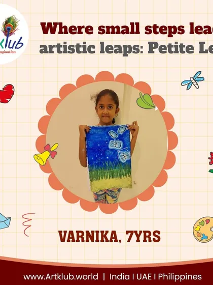 Varnika, age 7, takes a petite leap into grand artistic flights with her beautiful butterfly painting.
