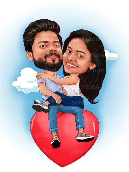 Young love captured in a playful caricature. The couple is shown sitting on a giant heart, making it a fun and whimsical piece for an engagement or Valentine's Day gift.