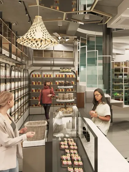 This view showcases the interplay of different display solutions, from wall-mounted shelves to a central counter. The spiral staircase in the background adds a dynamic vertical element, connecting the different levels of the store.
