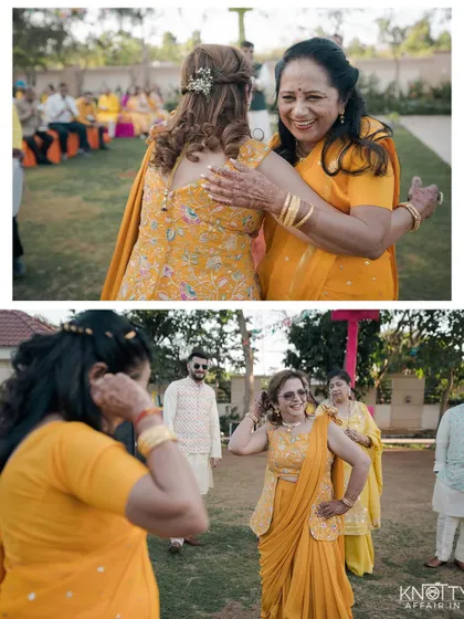 Heartwarming hugs and candid dance moments between family members at the Haldi ceremony. These are the memories that families cherish.