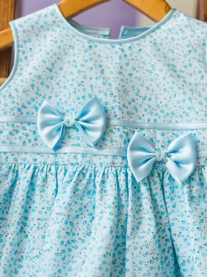 A sweet baby blue dress with a subtle print and two perfectly placed satin bows. This is a classic and adorable choice for a baby or toddler.