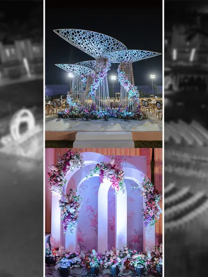 A glimpse into the variety of modern decor structures I can create. This includes a futuristic canopy with intricate patterns and a set of elegant, backlit arches, both adorned with beautiful floral arrangements.