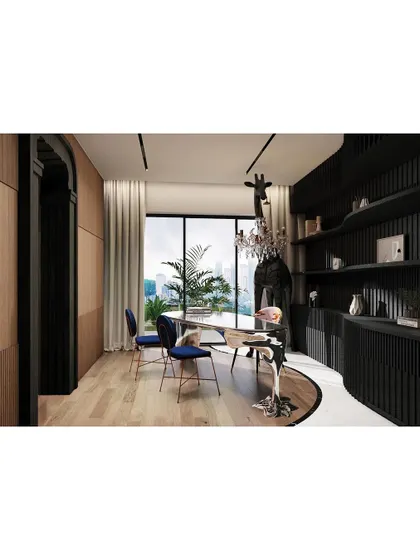 A full view of the office, where luxury and whimsy meet. The space is designed to inspire creativity and make a bold statement.