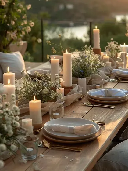 This is an example of a light and airy tablescape perfect for a daytime event or a sunset dinner. The use of white candles, baby's breath, and a simple linen runner creates a look of understated elegance.