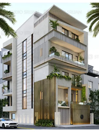 This corner building on a 167 sq. yard plot in Kohat Enclave features a bold design with a striking brass-colored gate and facade elements, creating a unique landmark.