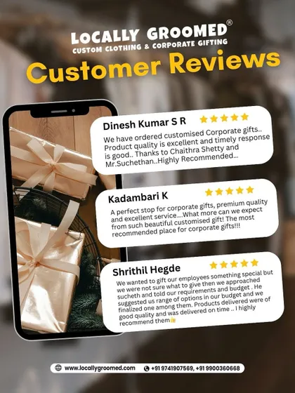 Don't just take our word for it. This graphic highlights genuine five-star reviews from our clients, who praise our excellent product quality, timely response, and great service for corporate gifting needs.