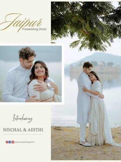 An introductory image for Nischal and Adithi, featuring a beautiful, soft-lit photo from their Jal Mahal pre-wedding shoot.
