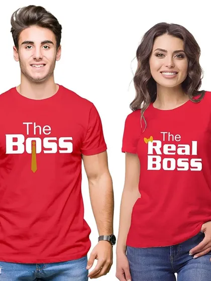 A funny couple t-shirt set: 'The Boss' and 'The Real Boss.'
